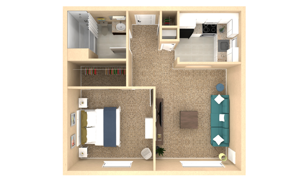 Floor plan for 1 bed, 1 bath, 601 sqft